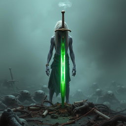 In a mist-laden old battlefield, a 35-year-old Shadar-kai stands before a glowing one-handed sword, staked into the ground