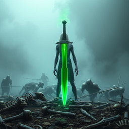 In a mist-laden old battlefield, a 35-year-old Shadar-kai stands before a glowing one-handed sword, staked into the ground