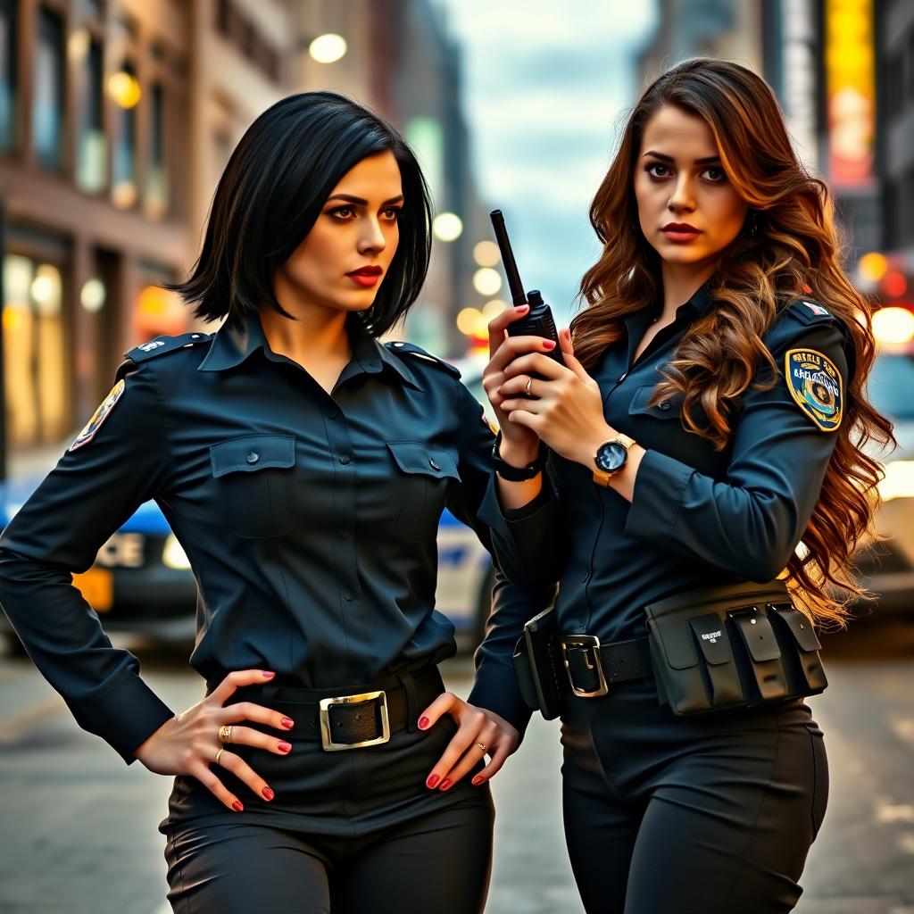 A dynamic scene featuring two policewomen, both in their stylish uniforms, standing confidently in an urban environment