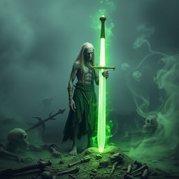 In a hauntingly misty battlefield, a 35-year-old Shadar-kai stands in a moment of revelation as he discovers a glowing green one-handed sword thrust into the earth