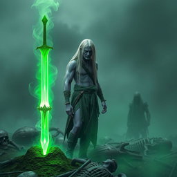 In a hauntingly misty battlefield, a 35-year-old Shadar-kai stands in a moment of revelation as he discovers a glowing green one-handed sword thrust into the earth
