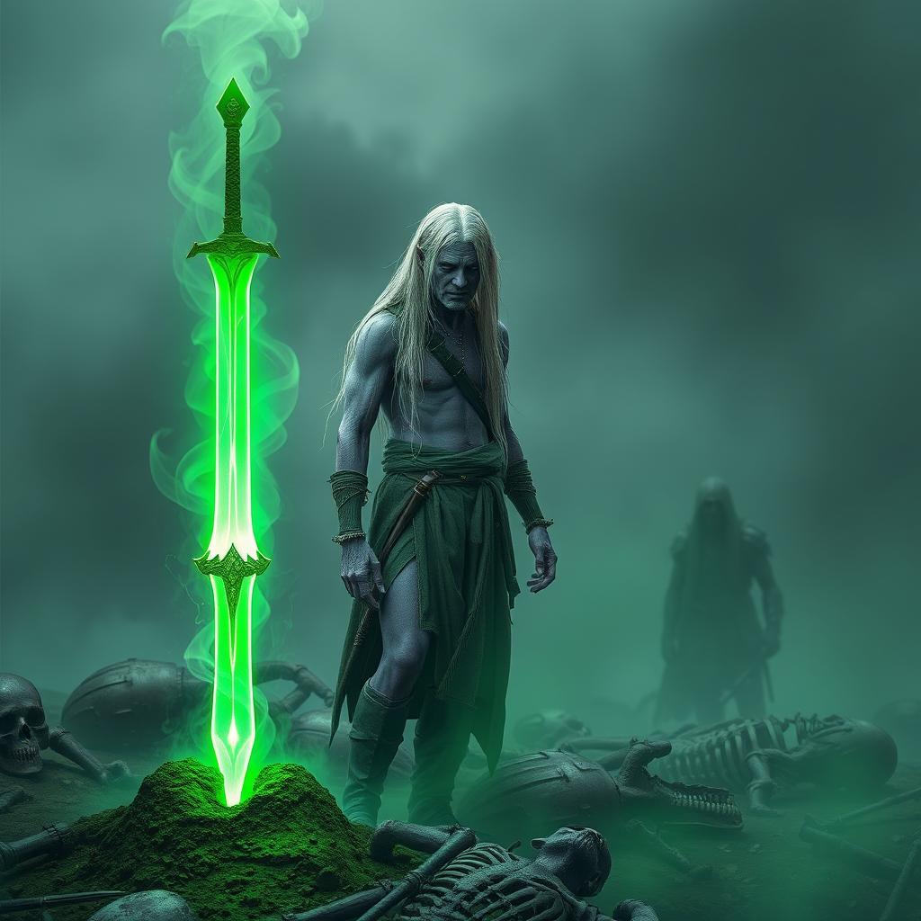 In a hauntingly misty battlefield, a 35-year-old Shadar-kai stands in a moment of revelation as he discovers a glowing green one-handed sword thrust into the earth