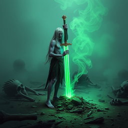 In a hauntingly misty battlefield, a 35-year-old Shadar-kai stands in a moment of revelation as he discovers a glowing green one-handed sword thrust into the earth