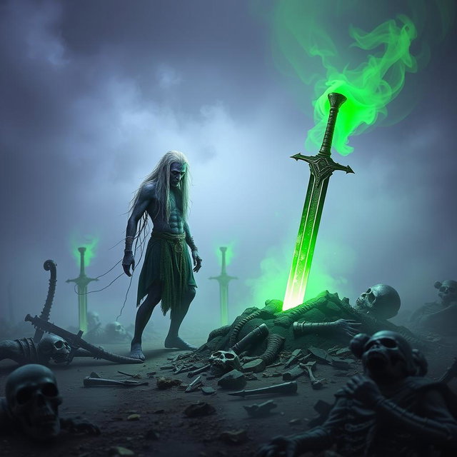 In a hauntingly misty battlefield, a 35-year-old Shadar-kai stands in a moment of revelation as he discovers a glowing green one-handed sword thrust into the earth