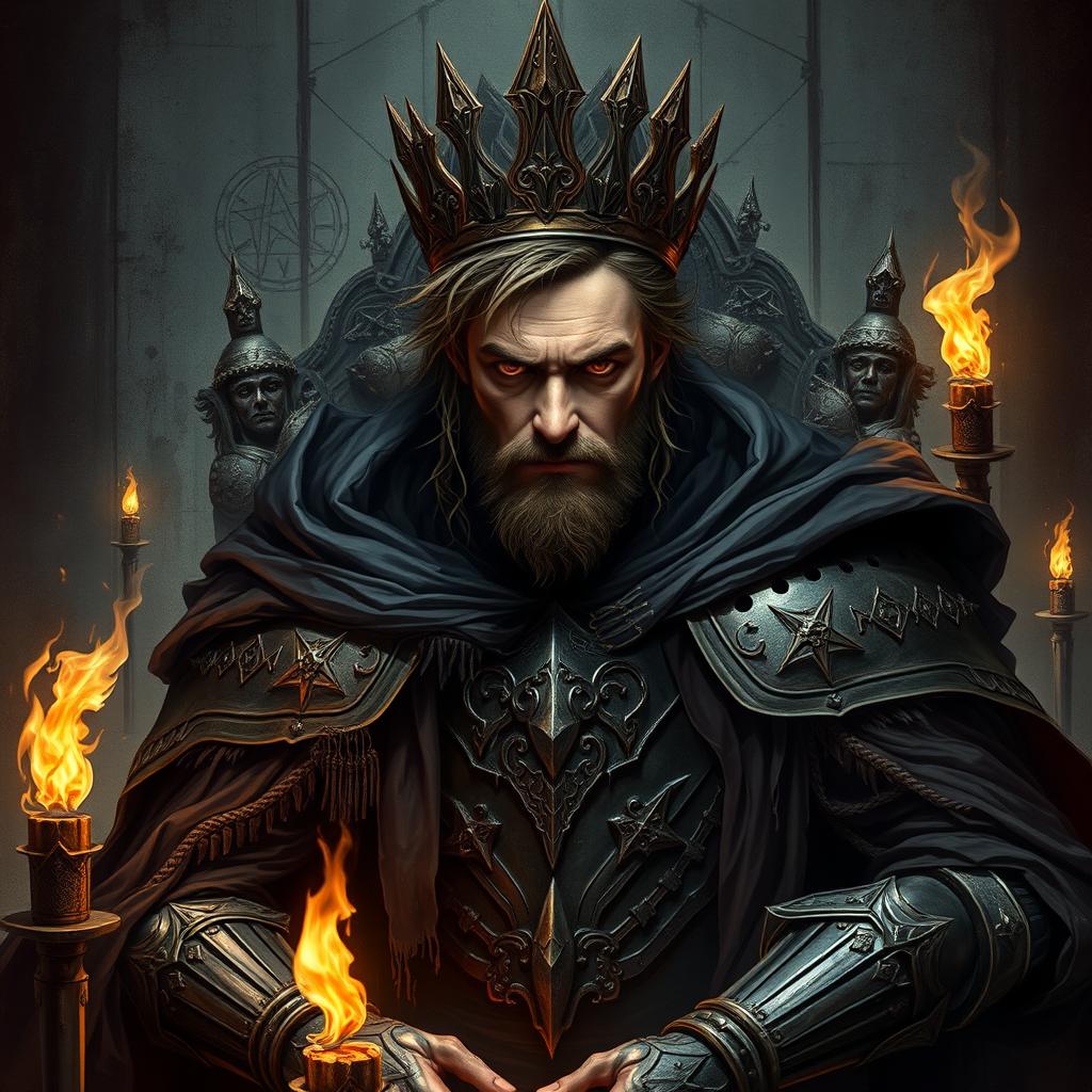 A regal figure depicted as the 'King of Fierce Countenance', adorned in elaborate armor and a dark, tattered cloak that billows dramatically around him