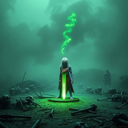 In a hauntingly misty battlefield, a 35-year-old Shadar-kai stands in astonishment before a glowing green one-handed sword, firmly staked in the ground