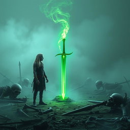 In a hauntingly misty battlefield, a 35-year-old Shadar-kai stands in astonishment before a glowing green one-handed sword, firmly staked in the ground