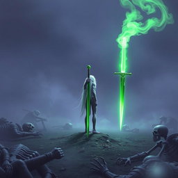 In a hauntingly misty battlefield, a 35-year-old Shadar-kai stands in astonishment before a glowing green one-handed sword, firmly staked in the ground