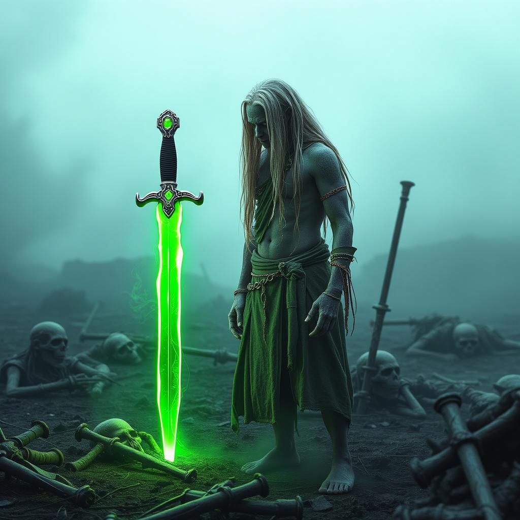 A captivating image of a 35-year-old Shadar-kai standing in a misty battlefield, gazing at a glowing green one-handed sword staked in the ground
