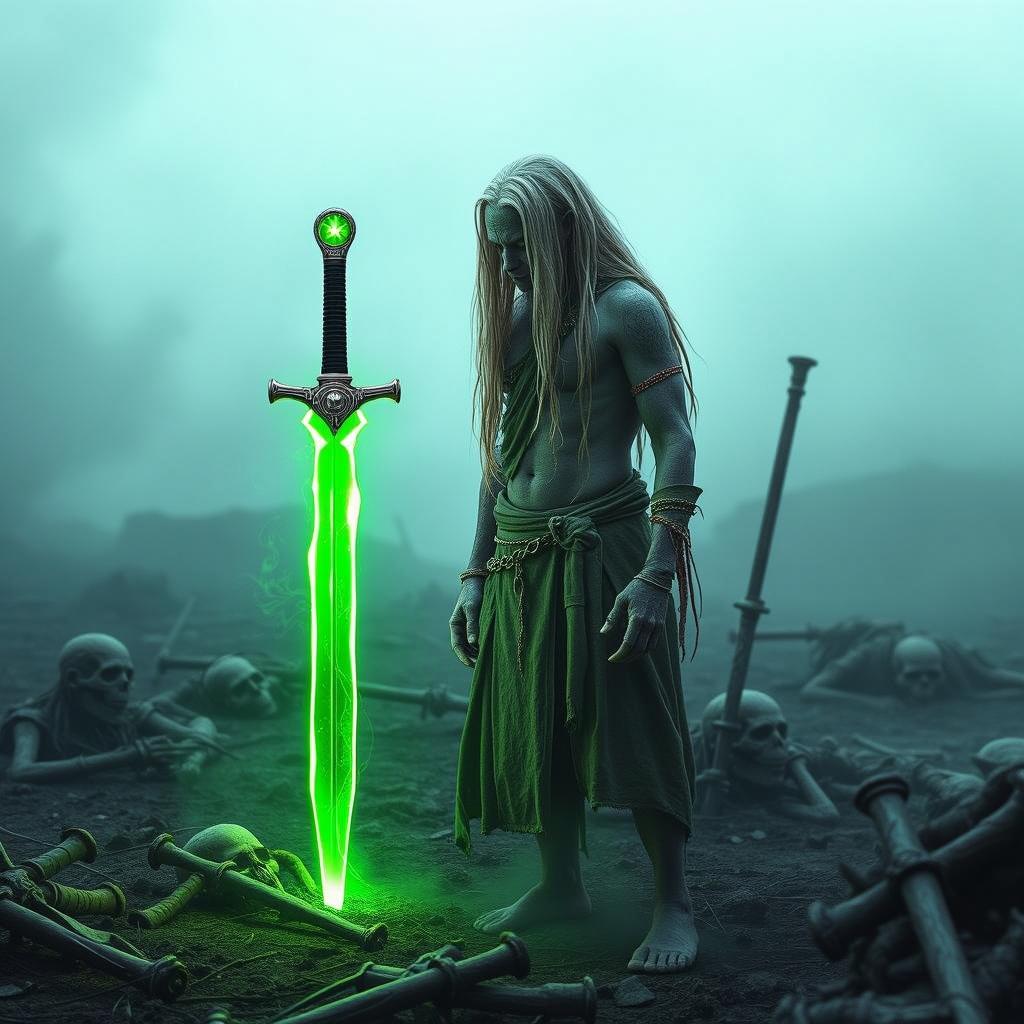 In a misty and eerie battlefield, a thin and weak 35-year-old Shadar-kai stands in front of a glowing green one-handed sword, staked in the ground
