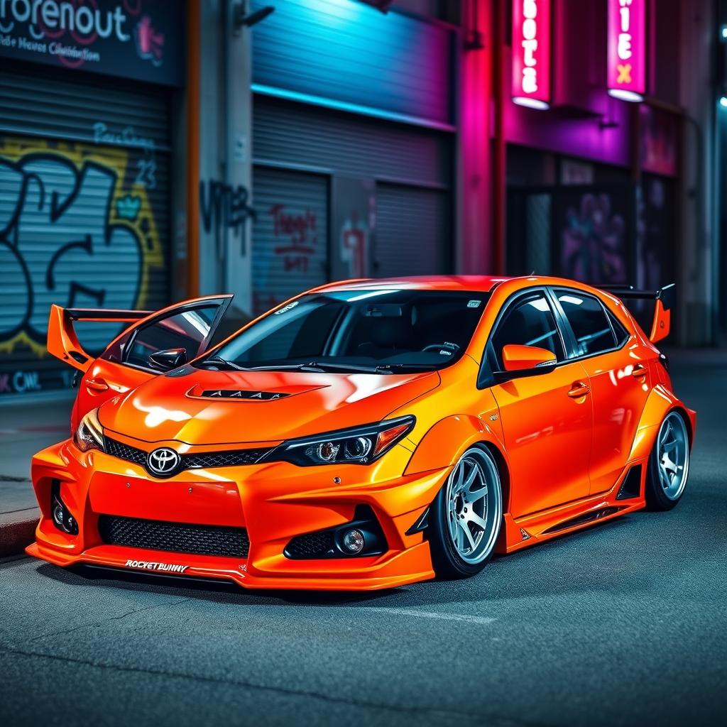 A striking Toyota Corolla modified with an aggressive Rocket Bunny body kit, displaying wide fenders, a lowered stance, and a bold front splitter