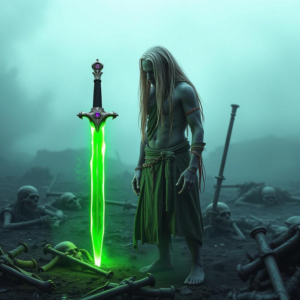 In a misty battlefield, a Shadar-kai stands before a striking glowing green sword, staked in the ground