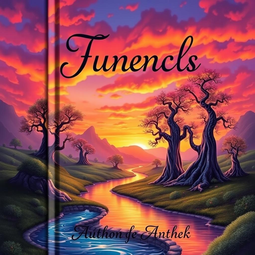 A visually striking book cover featuring a fantastical landscape with a vibrant sunset casting warm hues of orange and purple across the sky
