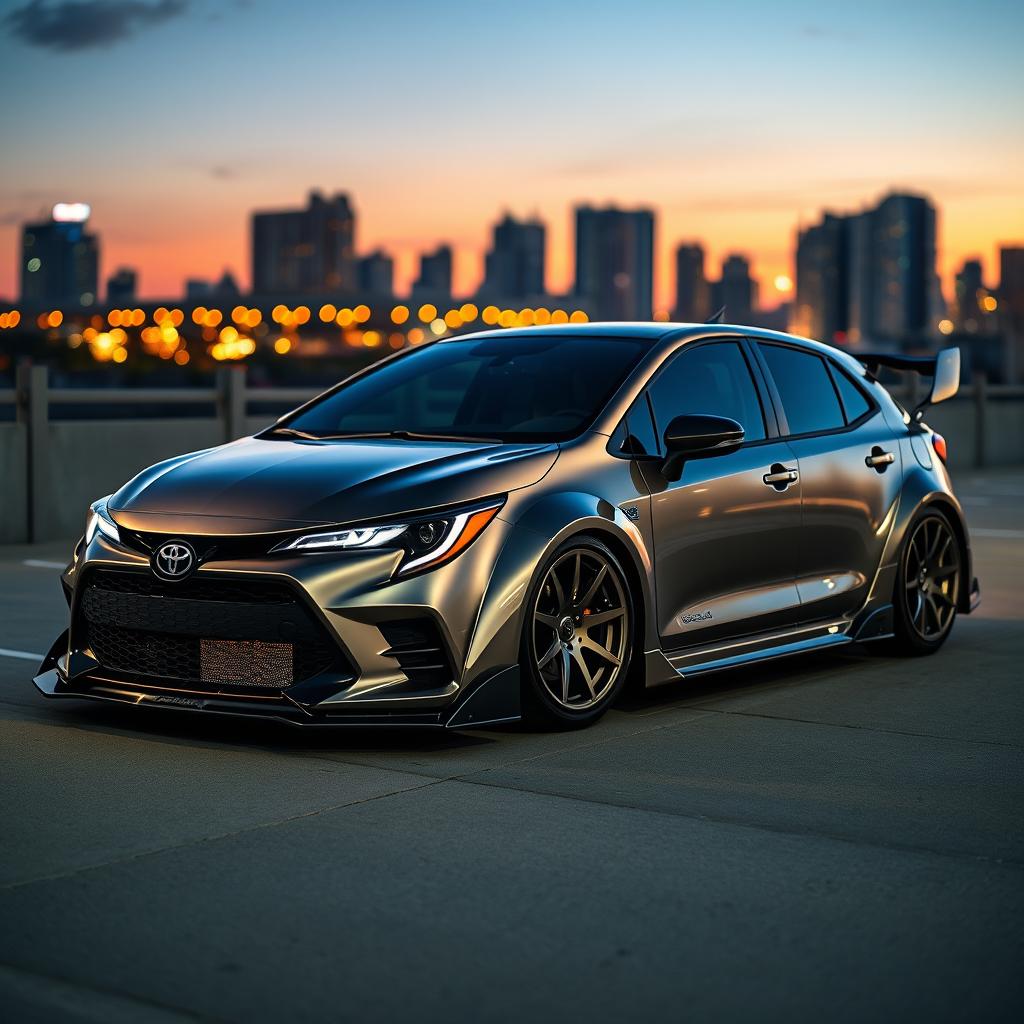 A sleek 2024 Toyota Corolla transformed with an aggressive Rocket Bunny body kit, showcasing wide fenders, a low profile, and a striking front splitter