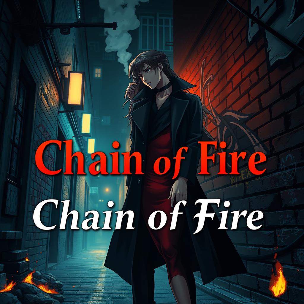 A captivating anime-style book cover for a story titled "Chain of Fire" featuring a dark and suspenseful atmosphere
