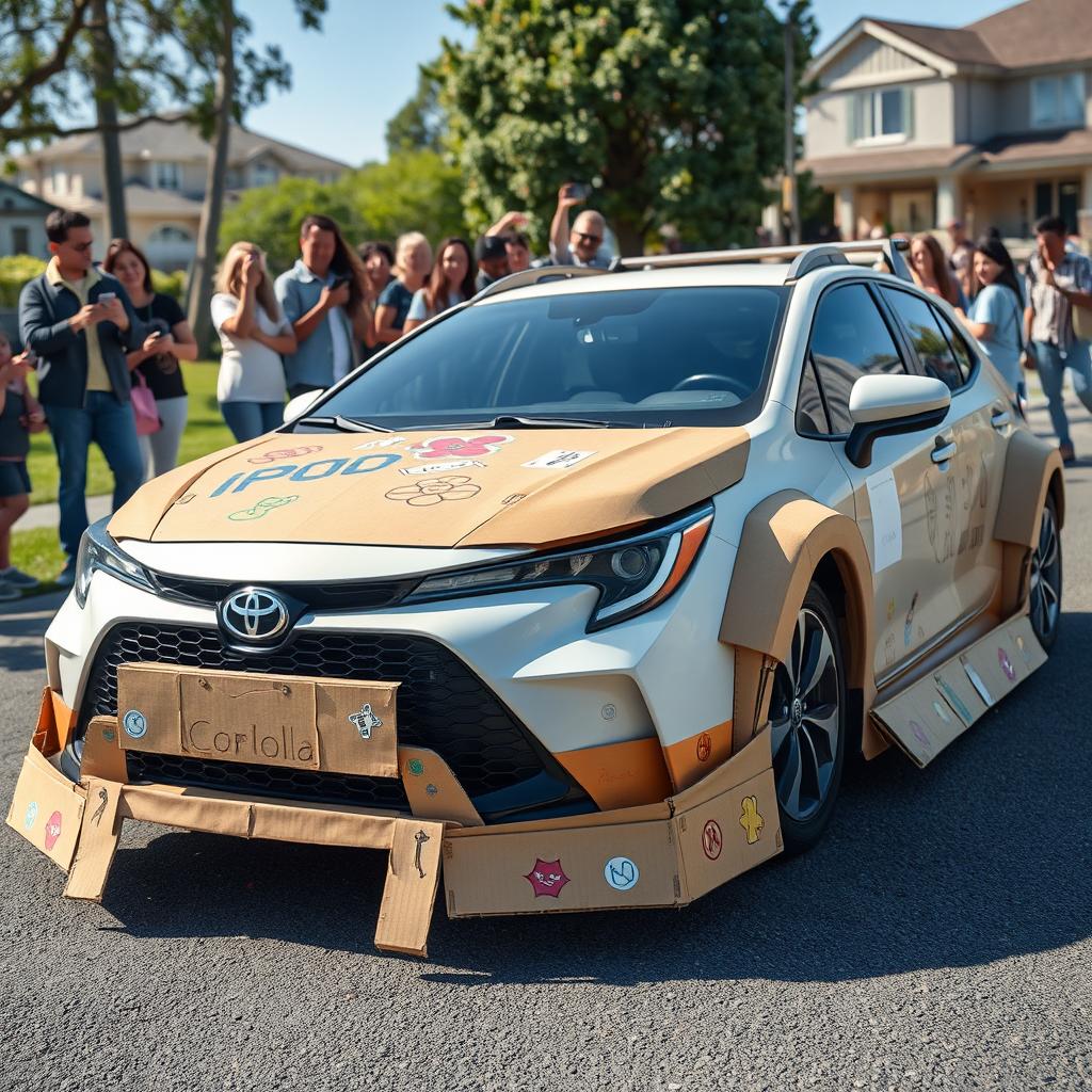 A playful and creative interpretation of a 2024 Toyota Corolla featuring a whimsical cardboard body kit