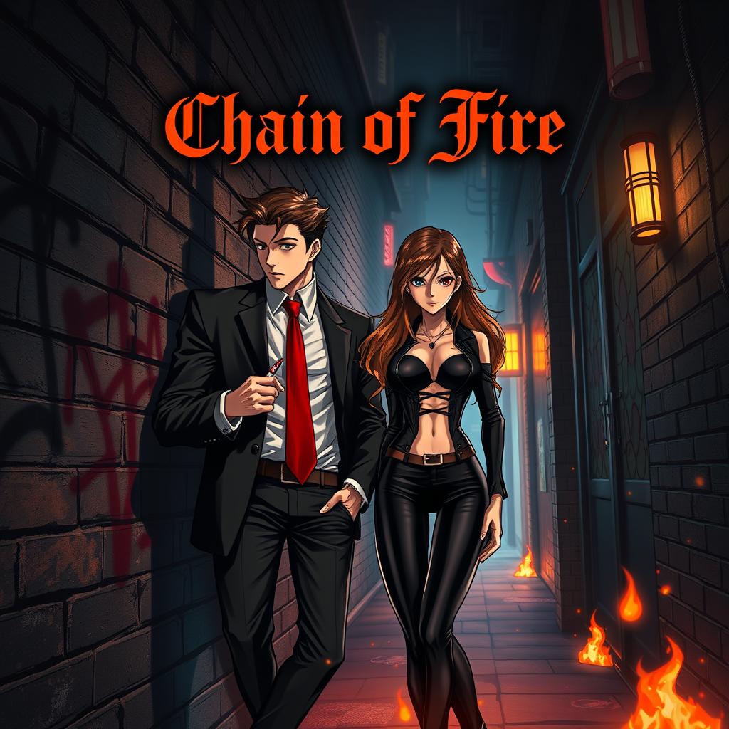 A visually compelling anime-style book cover for a story titled "Chain of Fire" that embodies themes of mafia and dark romance
