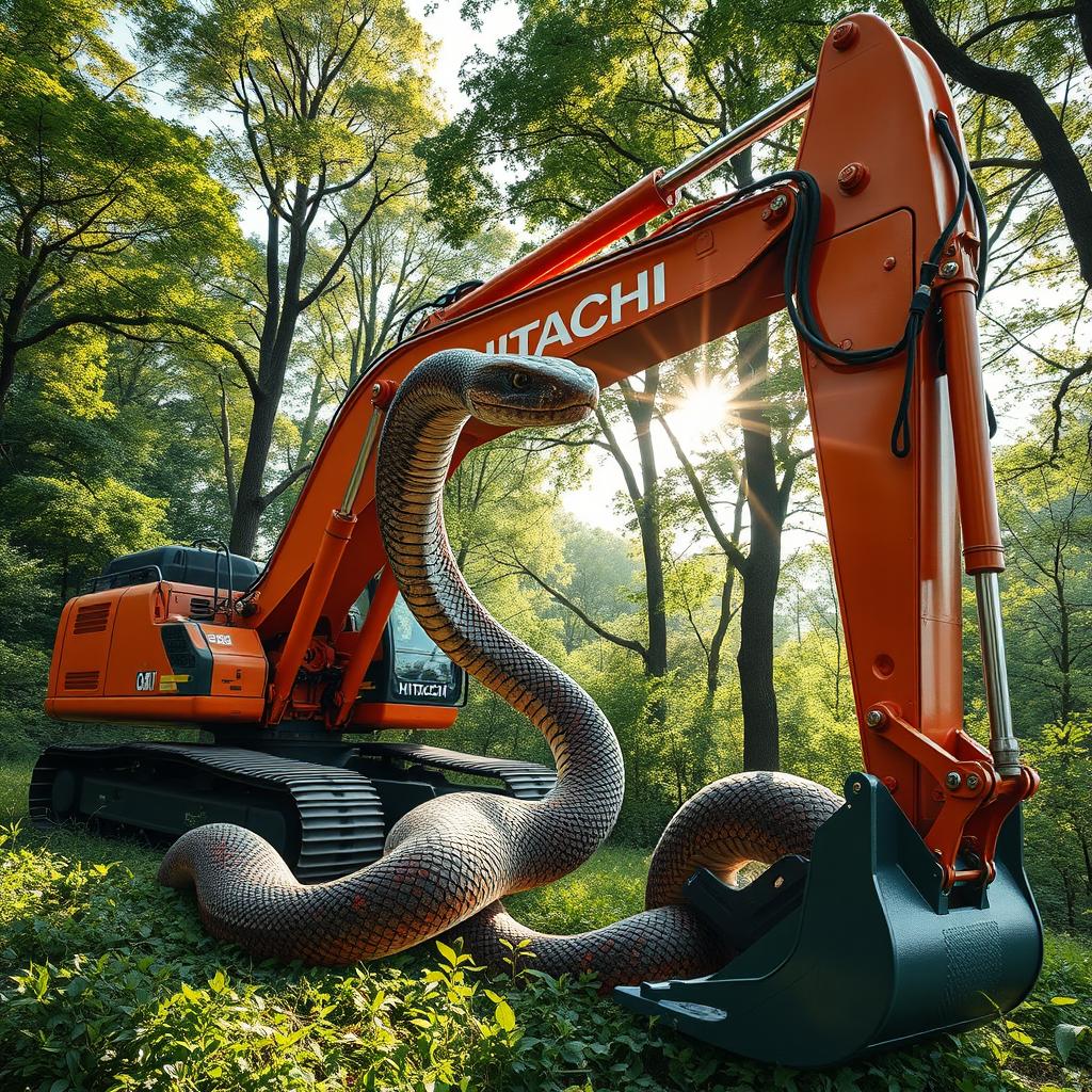 A creative mashup of a Hitachi excavator seamlessly blended with a large, artistic snake