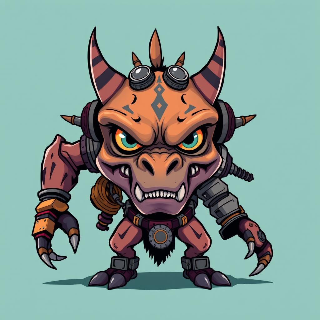 A front-view caricature of a non-human character, a hybrid mix of a furious monster, an animal, and an alien