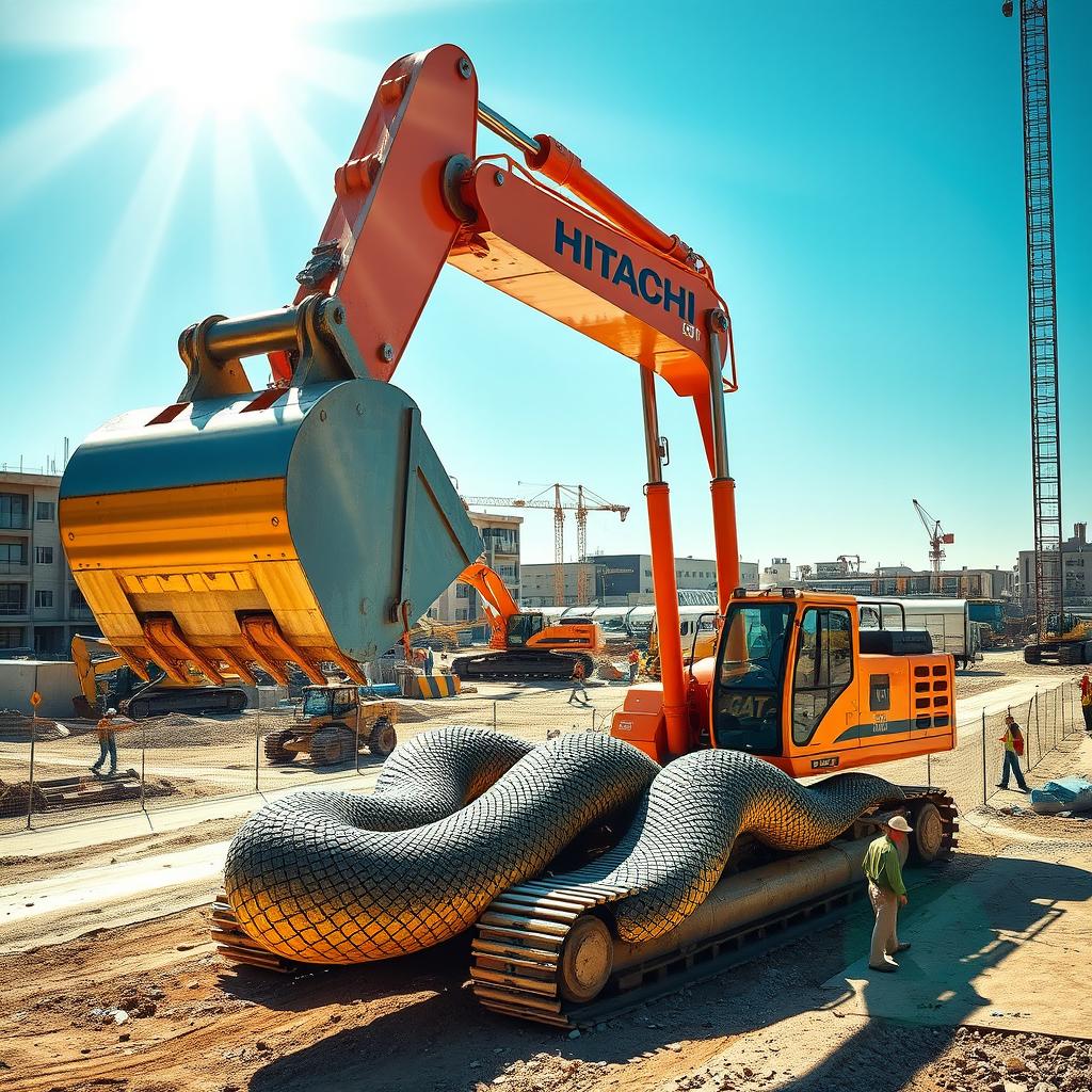 A surreal construction scene featuring a giant Hitachi excavator designed with a snake motif