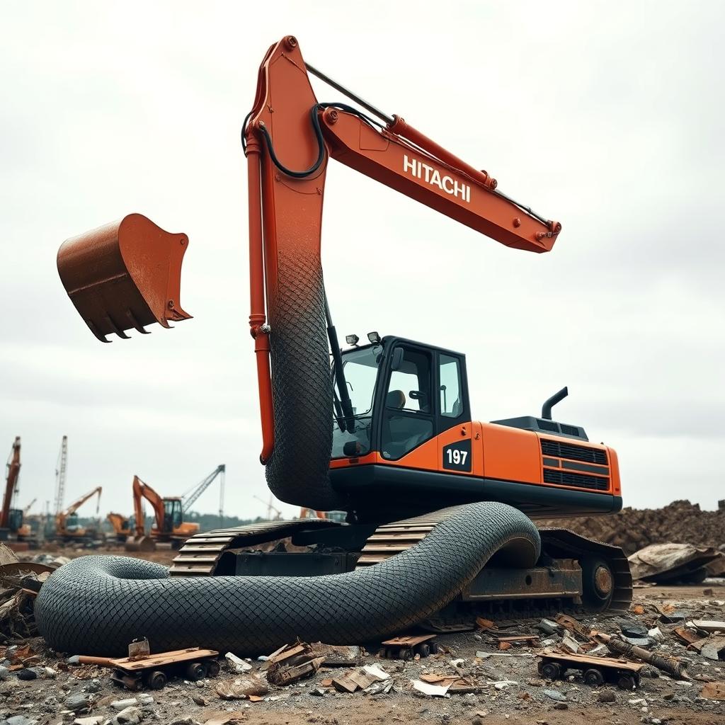 A surreal, imaginative scene featuring a Hitachi excavator transformed into a snake-like creature