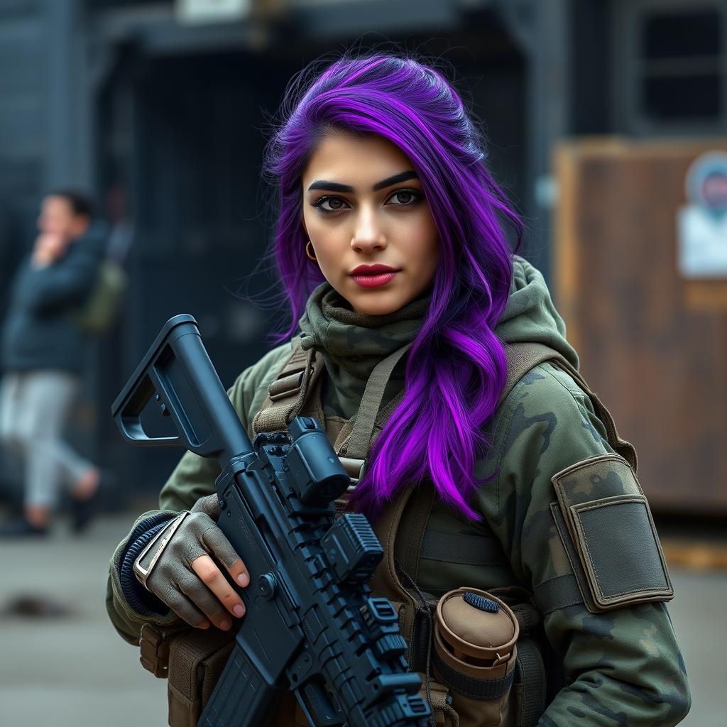 A beautiful 21-year-old Afghani woman, with strikingly cute features and vibrant purple hair, dressed in tactical black ops camo fatigues