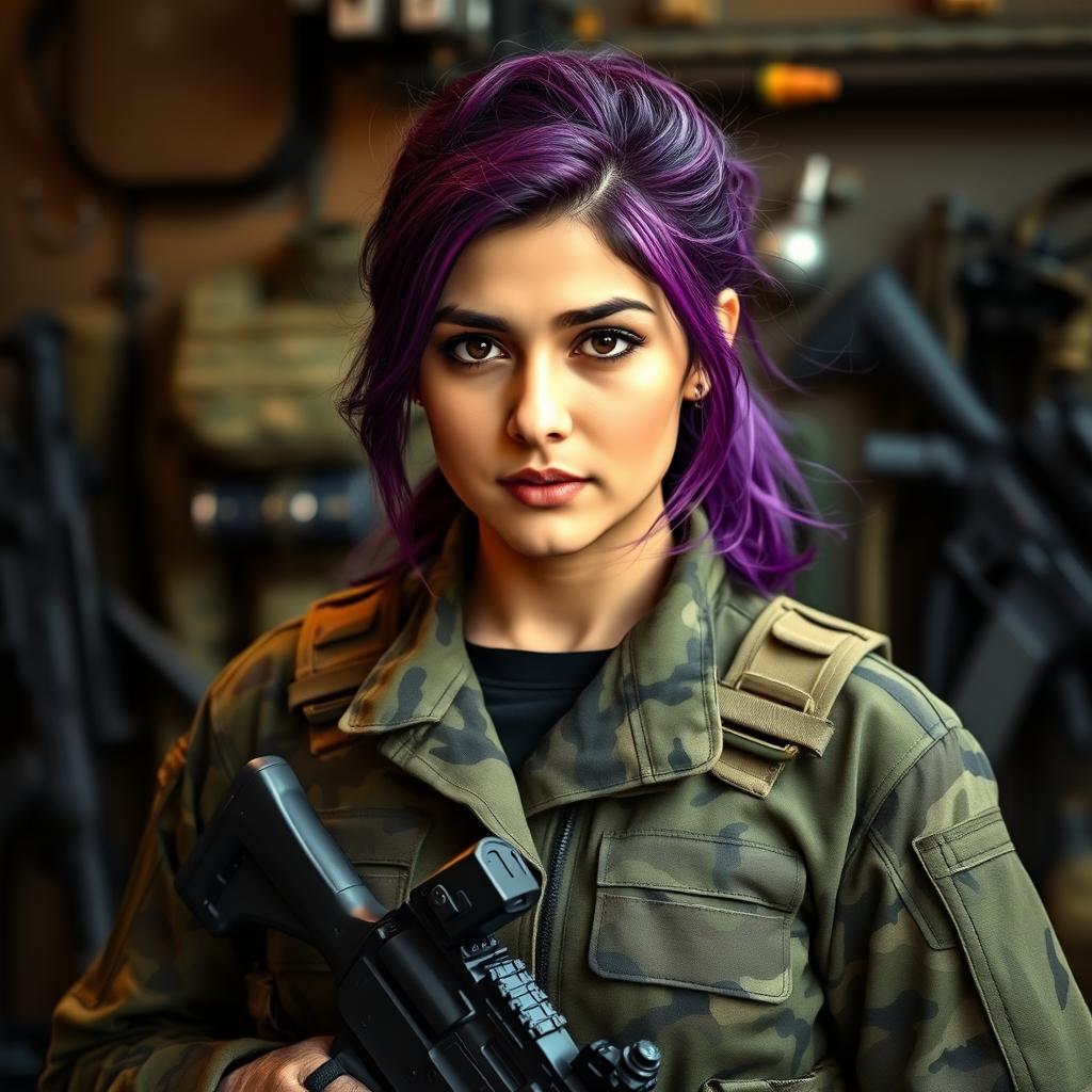A 21-year-old Afghan woman with pretty purple hair and a cute face, dressed in black ops camouflage fatigues, confidently standing as a Black Ops director