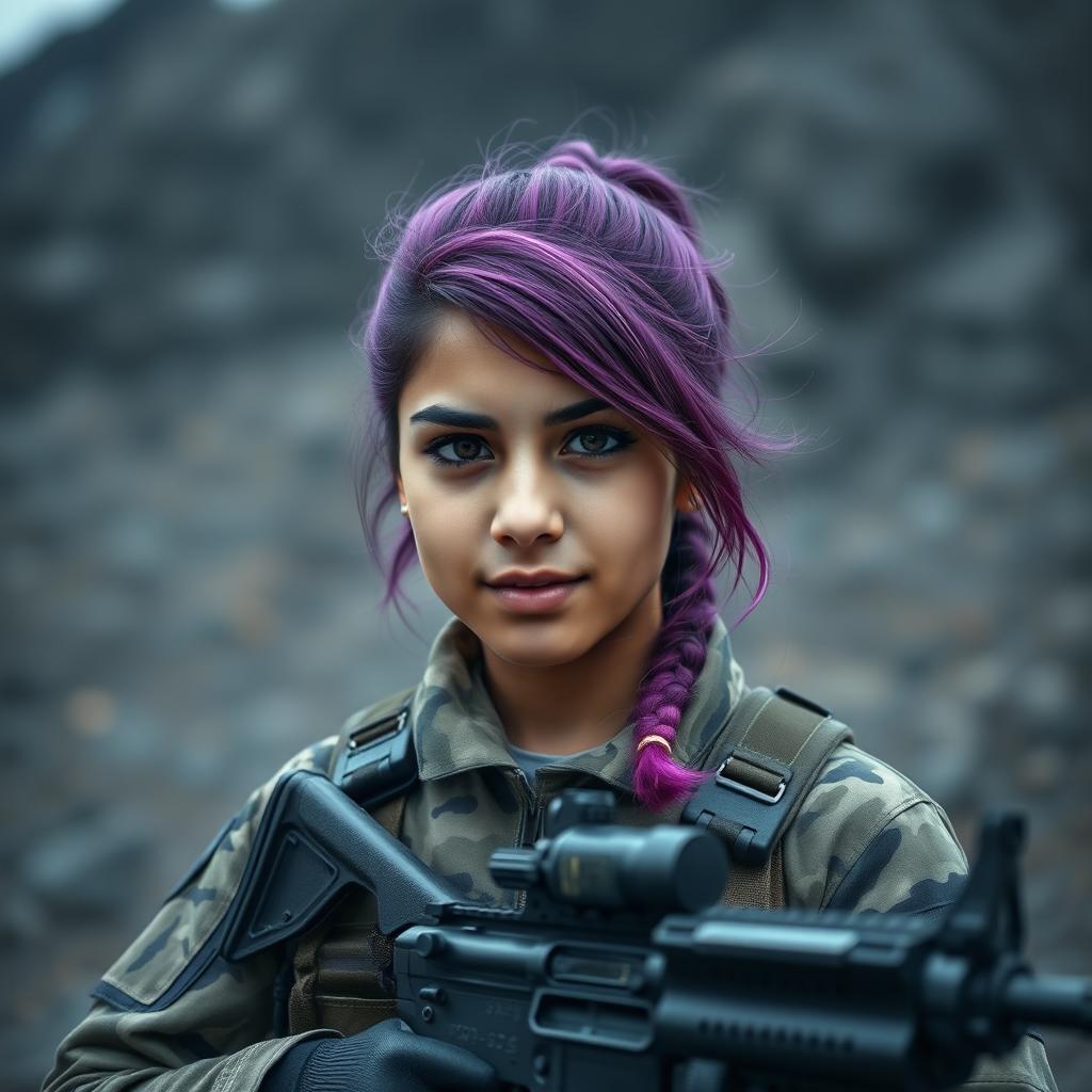 A 21-year-old cute Afghani girl with pretty purple hair and a cute face, dressed in black ops camouflage fatigues
