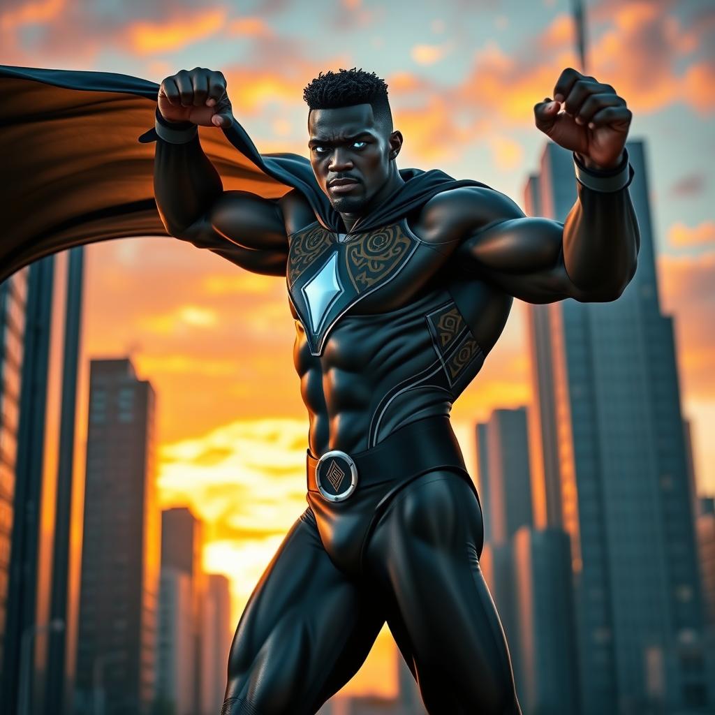 A powerful black superhero in a dynamic pose, showcasing his superpowers