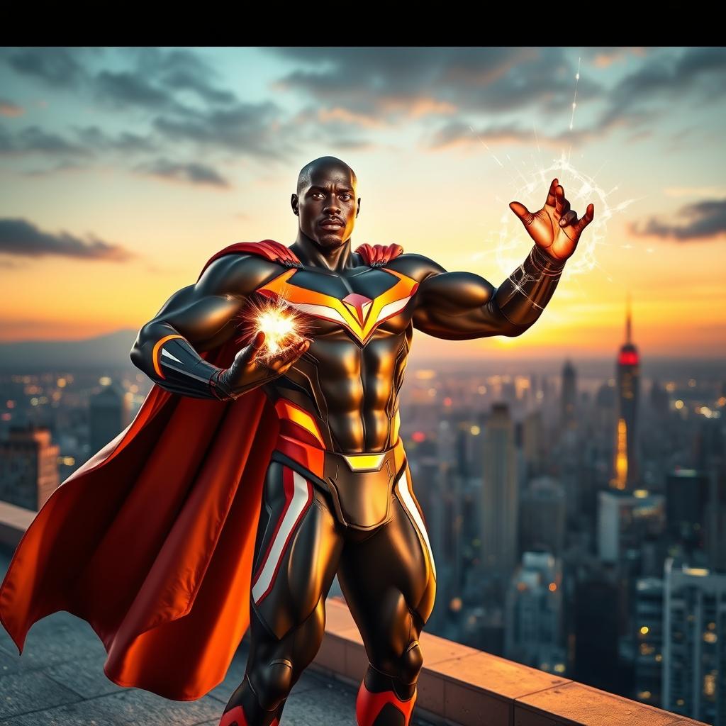 A powerful black superhero using his extraordinary abilities to save the day