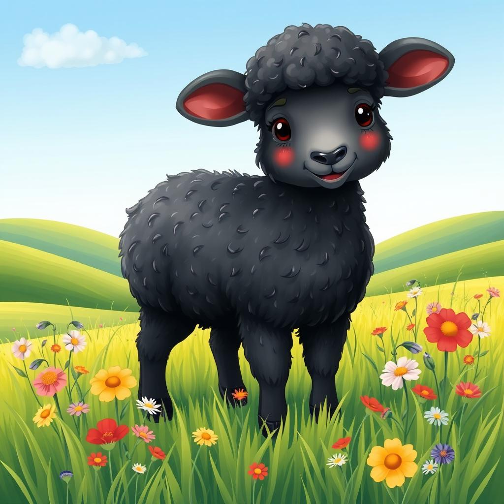 A beautifully illustrated scene of a cute black sheep standing in a lush green meadow