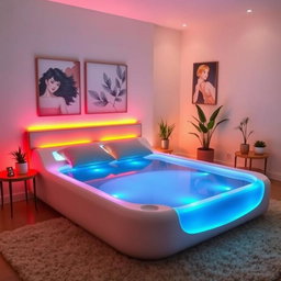 A cozy bedroom interior featuring a unique waterbed with vibrant, colorful lavalamps integrated into the headrest