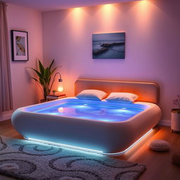A cozy bedroom interior featuring a unique waterbed with vibrant, colorful lavalamps integrated into the headrest