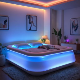 A cozy bedroom interior featuring a unique waterbed with vibrant, colorful lavalamps integrated into the headrest