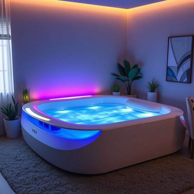 A cozy bedroom interior featuring a unique waterbed with vibrant, colorful lavalamps integrated into the headrest