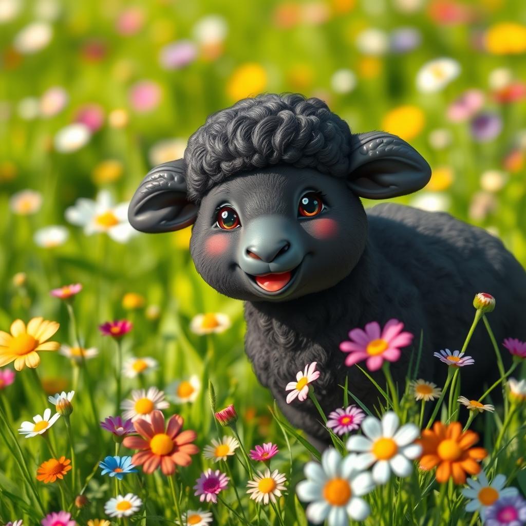 A cute black sheep, fluffy and adorable, with a big smile, surrounded by a bright sunny green meadow filled with colorful flowers