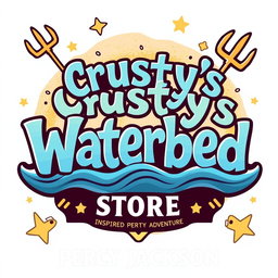 A vibrant and eye-catching logo for 'Crusty's Waterbed Store', inspired by the whimsical and adventurous themes of Percy Jackson