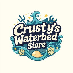 A vibrant and eye-catching logo for 'Crusty's Waterbed Store', inspired by the whimsical and adventurous themes of Percy Jackson
