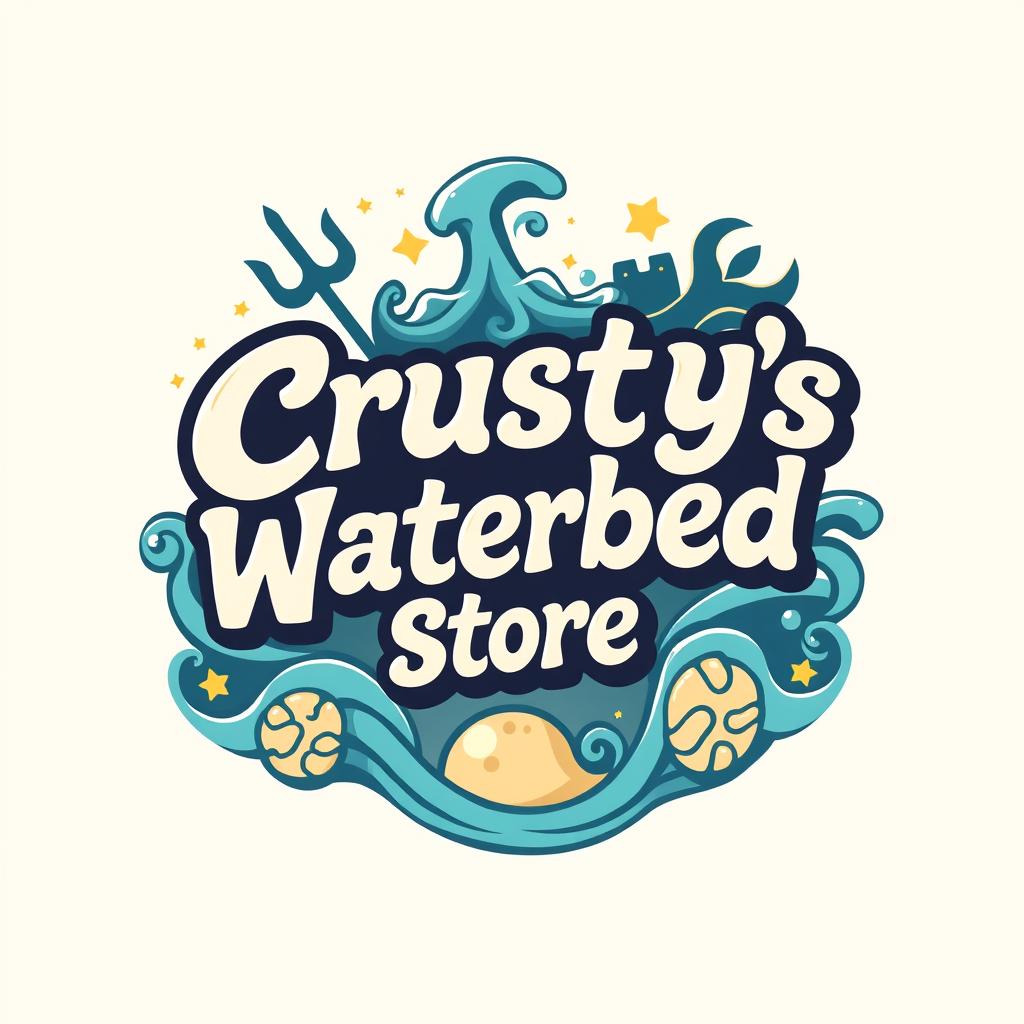 A vibrant and eye-catching logo for 'Crusty's Waterbed Store', inspired by the whimsical and adventurous themes of Percy Jackson