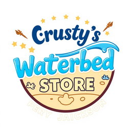 A vibrant and eye-catching logo for 'Crusty's Waterbed Store', inspired by the whimsical and adventurous themes of Percy Jackson
