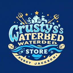 A vibrant and eye-catching logo for 'Crusty's Waterbed Store', inspired by the whimsical and adventurous themes of Percy Jackson