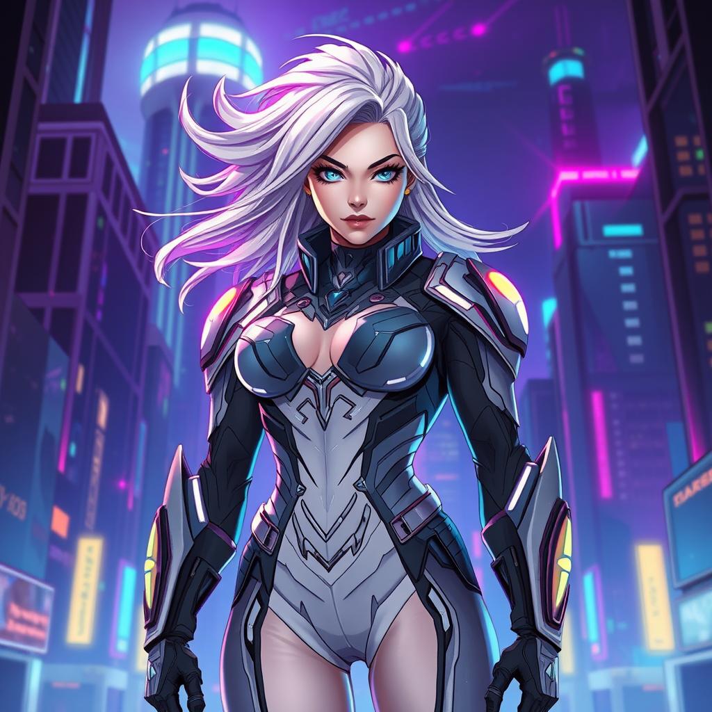 A powerful female character standing confidently in a heroic pose, wearing a futuristic, intricately designed armored suit that is both sleek and stylish