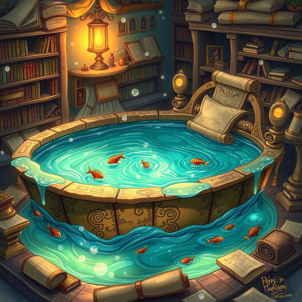 A whimsical illustration of a magical water bed inspired by the Percy Jackson series