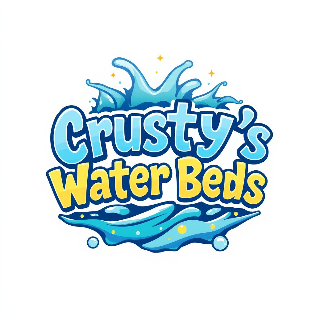 A creative logo design for "Crusty's Water Beds" inspired by the whimsical and adventurous tone of the Percy Jackson series