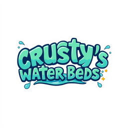 A creative logo design for "Crusty's Water Beds" inspired by the whimsical and adventurous tone of the Percy Jackson series