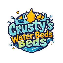 A creative logo design for "Crusty's Water Beds" inspired by the whimsical and adventurous tone of the Percy Jackson series