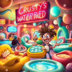 A whimsical and vibrant scene depicting 'Crusty's Waterbed Palace', featuring a colorful and exaggerated, cartoon-like waterbed store