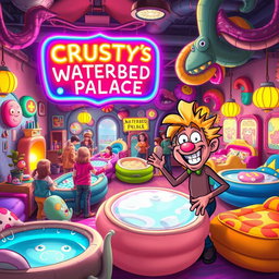 A whimsical and vibrant scene depicting 'Crusty's Waterbed Palace', featuring a colorful and exaggerated, cartoon-like waterbed store