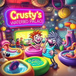 A whimsical and vibrant scene depicting 'Crusty's Waterbed Palace', featuring a colorful and exaggerated, cartoon-like waterbed store