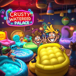 A whimsical and vibrant scene depicting 'Crusty's Waterbed Palace', featuring a colorful and exaggerated, cartoon-like waterbed store